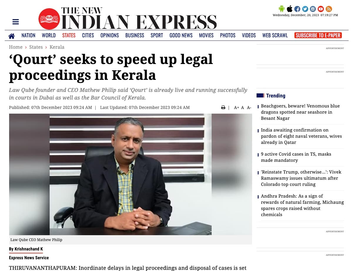 The New Indian Express article: 'Qourt' seeks to speed up legal proceedings in Kerala