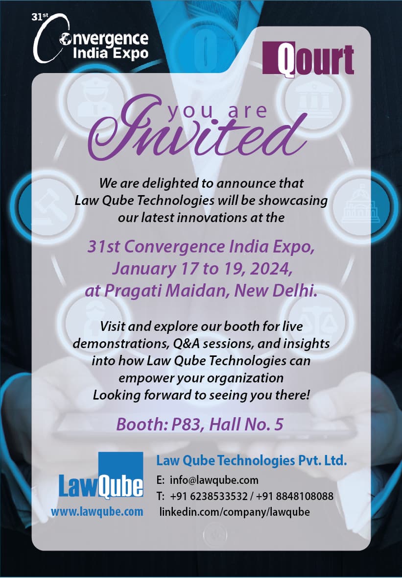 Invitation from Law Qube Technologies to the 31st Convergence India Expo, January 17 to 19, 2024, Pragati Maidan, New Delhi, booth P83, hall 5