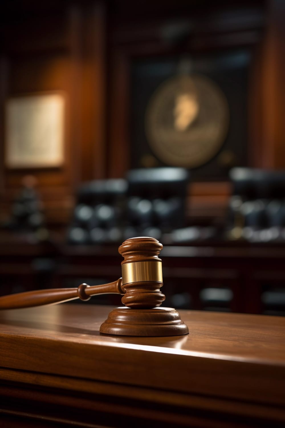 A wooden judge's gavel on a courtroom bench